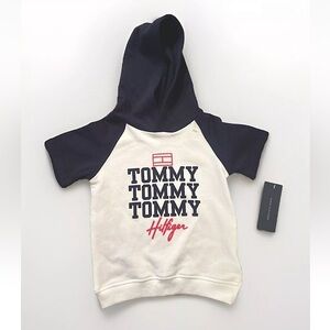 NWT Tommy Hilfiger Sz 3T Toddler Hoodie Short Sleeves LOGO White Blue Pullover